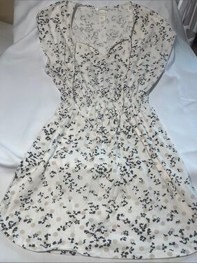 H&M Cream Mini Dress with Black Floral and Beige Dot Print